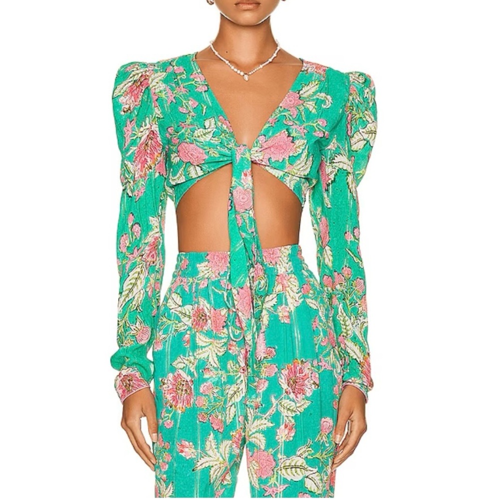 Hemant and Nandita Floral Tie Front Crop Top in Teal Size Small